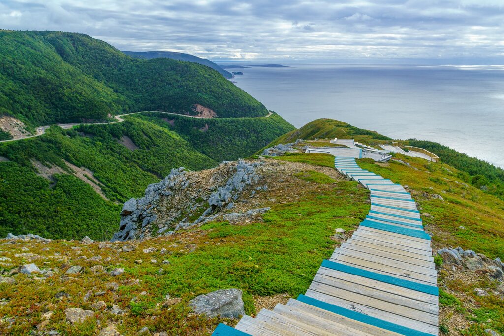 wood boardwalk leading down the hillside - the highlight of the Skyline Trail in Cape Breton Highlands National Park