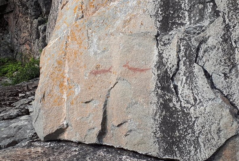 red paintings of fish on a rock - the agama rock pictographs in Lake Superior