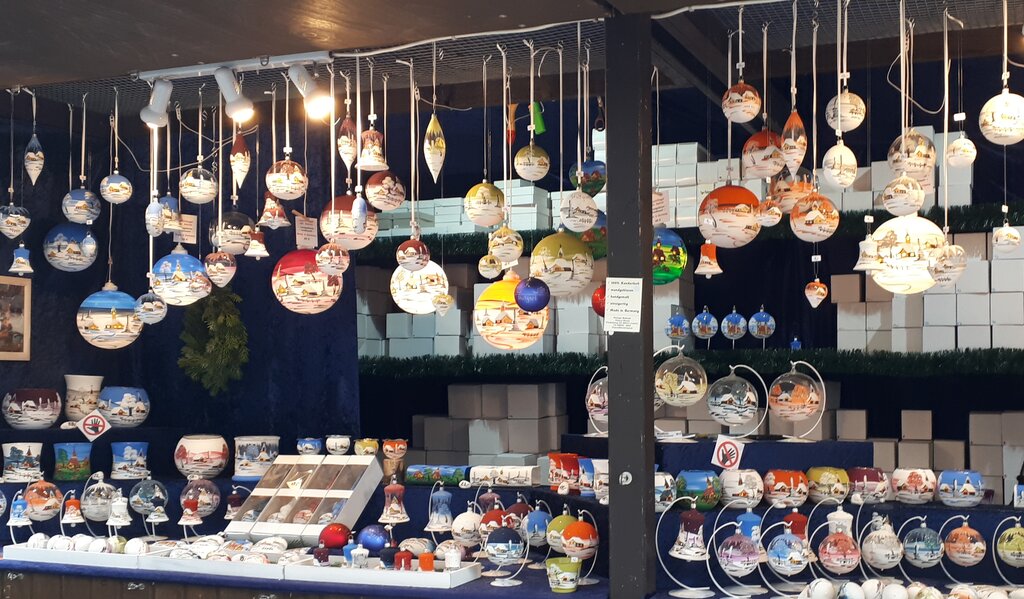 glass ornaments on display in a stall at the stuttgart Christmas market