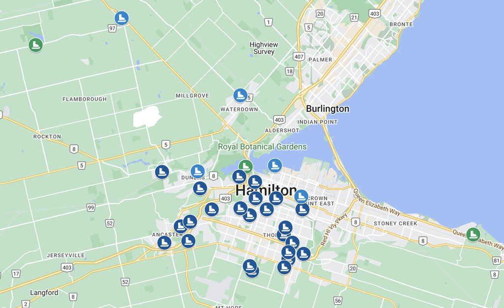 map of outdoor skating in Hamilton ontario. some locations are pinned with green skate icon, others are light blue or dark blue skate icons