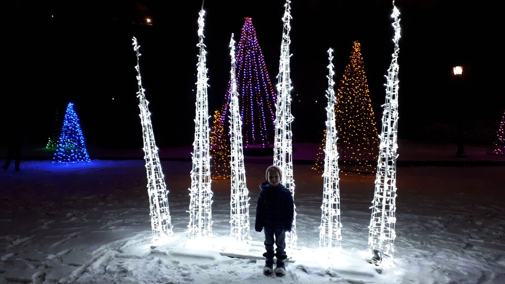 child standing in front of lighted illuminations at the niagara winter Festival of Lights - one of the best things to do in toronto in December Is take a day trip to Niagara Falls