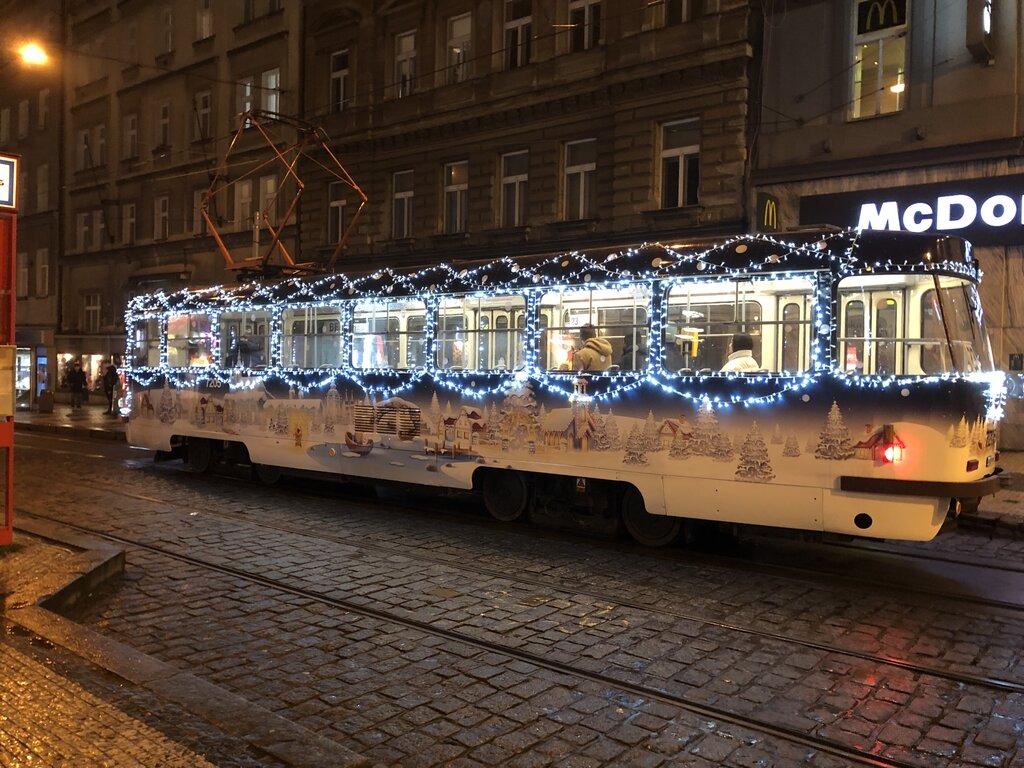 the christmas tram decorated with christmas lights - runs throughout December in Prague