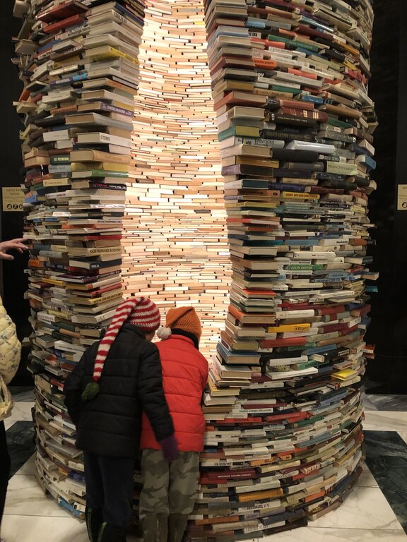 tower of books at the prague library 