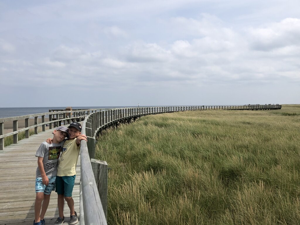 Two young boys stand arm in arm on a wooden boardwalk that curves through grassy marshland toward the beach in New Brunswick. The boardwalk stretches into the distance under a partly cloudy sky beside the ocean.