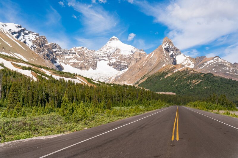 A two-lane road stretches straight toward towering, snow-covered peaks along the Icefields Parkway in the Canadian Rockies. Lush green forest lines both sides of the highway, framed by rugged mountains and a vibrant blue sky with wispy clouds.