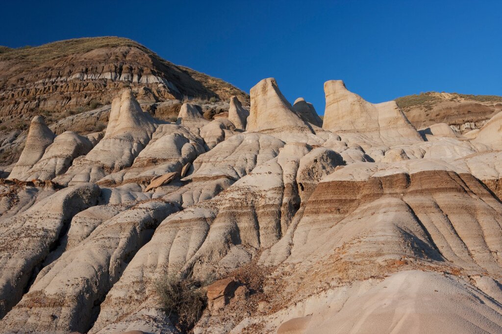 Eroded sandstone hoodoos rise against a clear blue sky in the Canadian Badlands of Alberta, showcasing unique rock formations shaped by wind and water.
