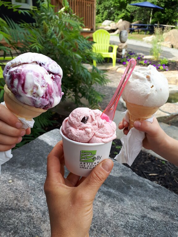 Three hands hold different ice cream treats from Belly Artisan Ice Cream—two waffle cones and one cup with a pink spoon. The photo is taken outdoors on a stone table near a garden and wooden building.