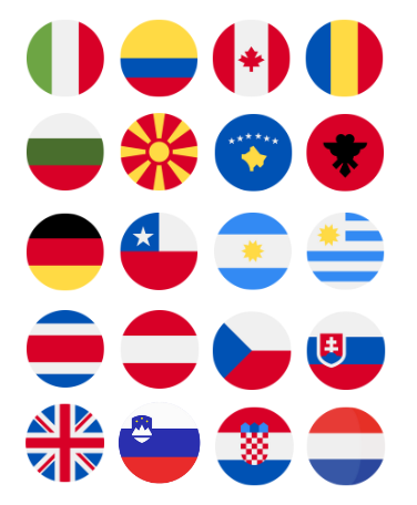 round icons of various country flags representing the 20 countries wanderlust with kids has visited